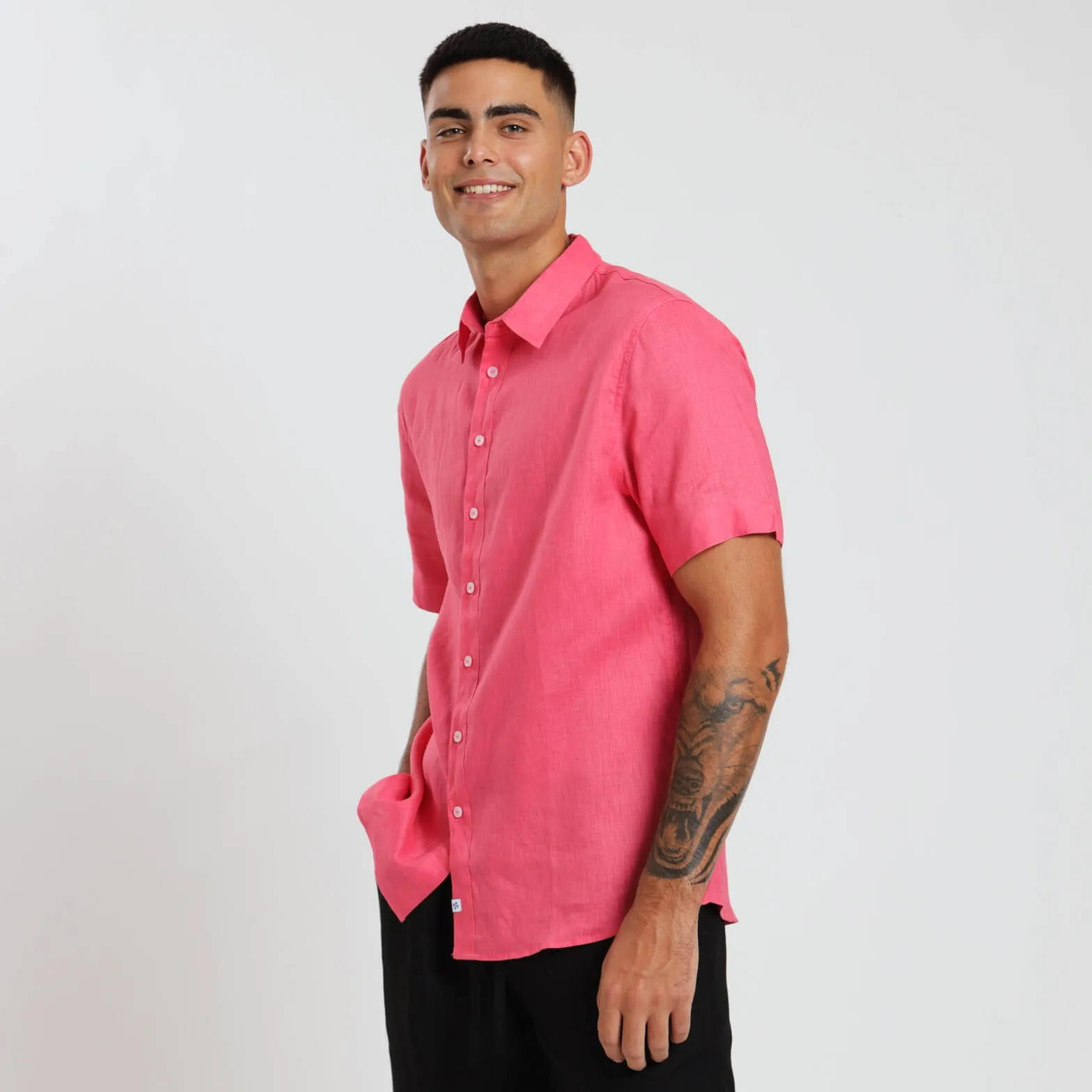 Short Sleeve Linen Shirt | Coral