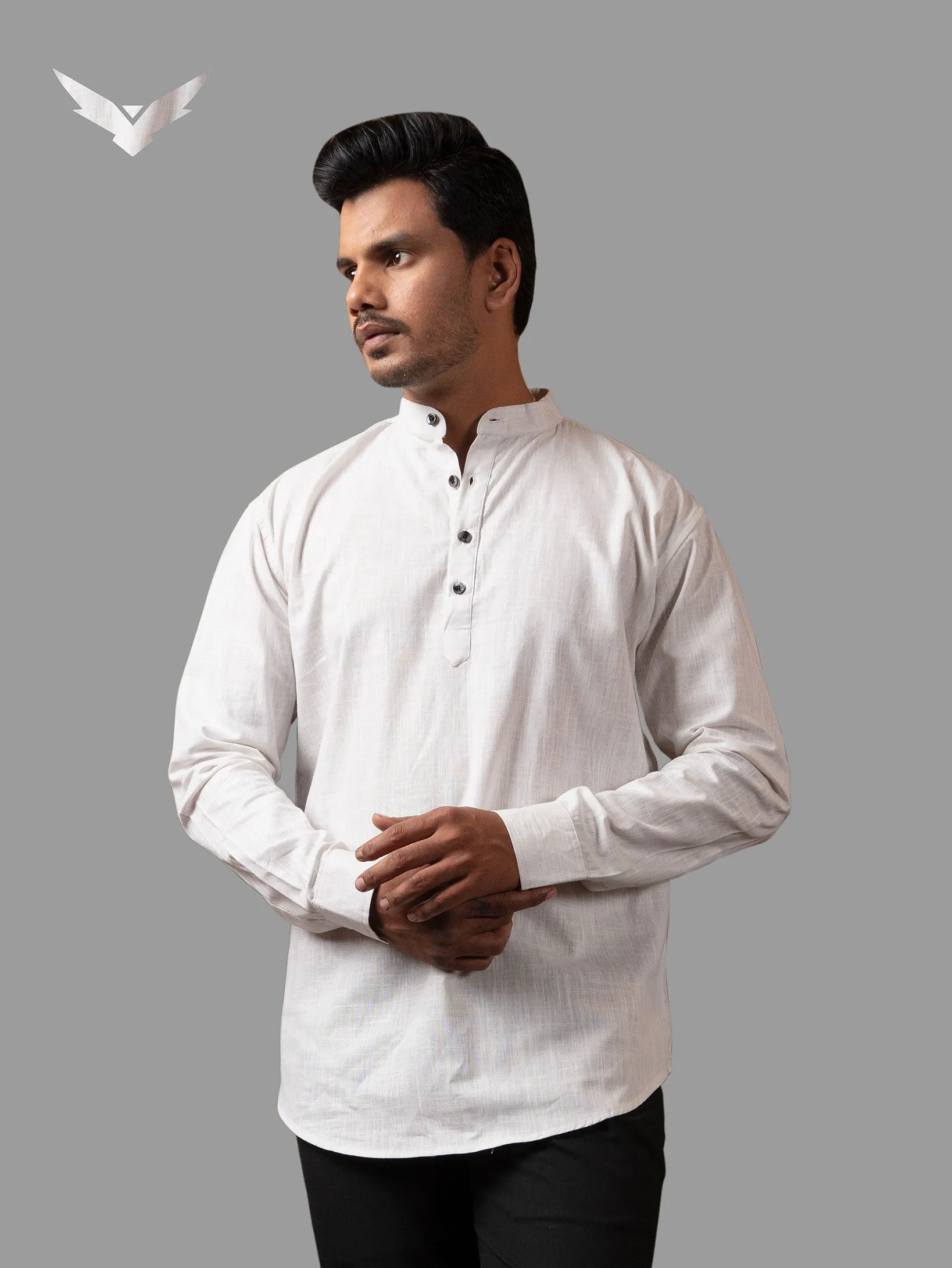 White Cotton Linen Mandarin Collar Kurta Shirt