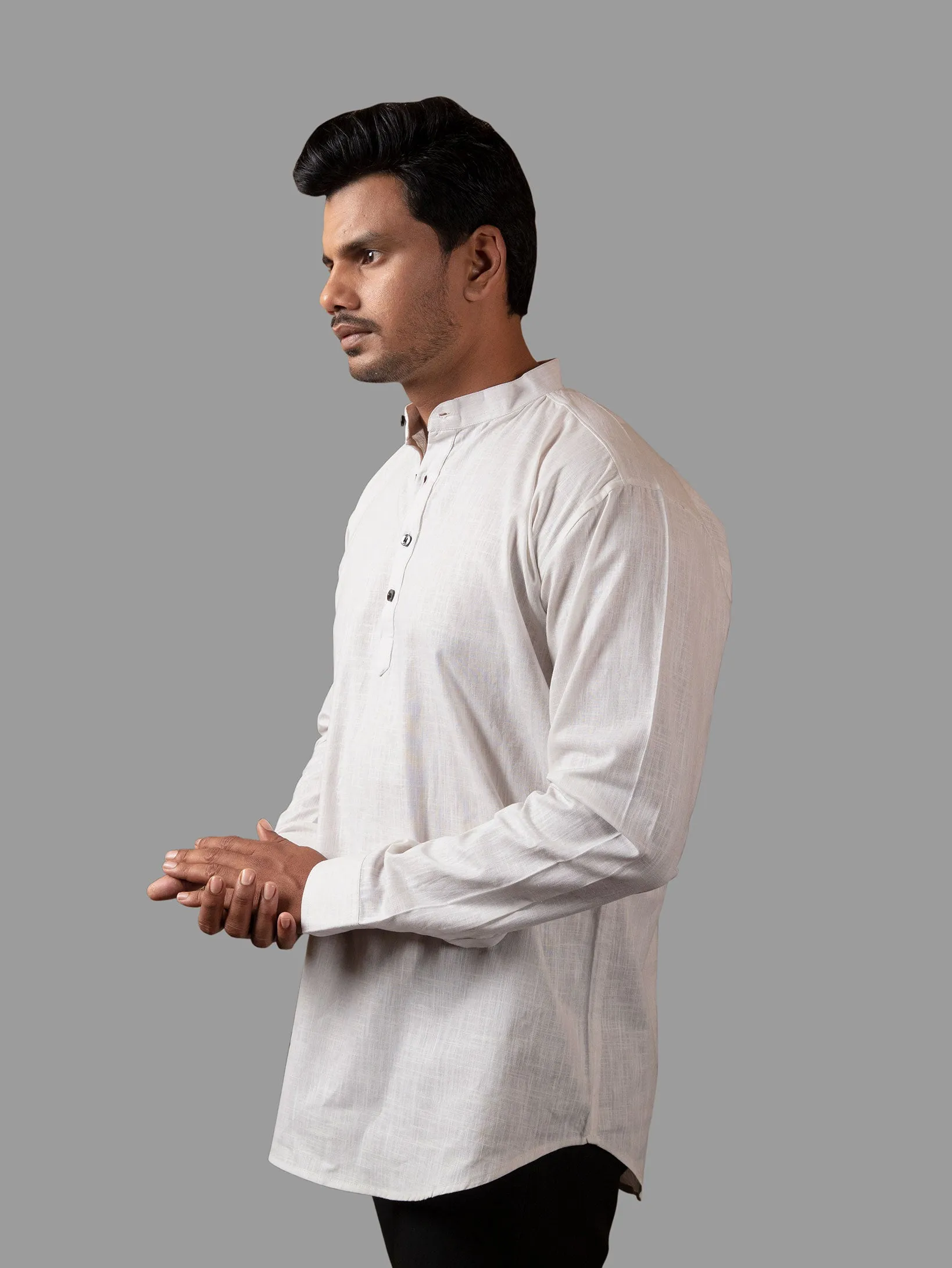 White Cotton Linen Mandarin Collar Kurta Shirt