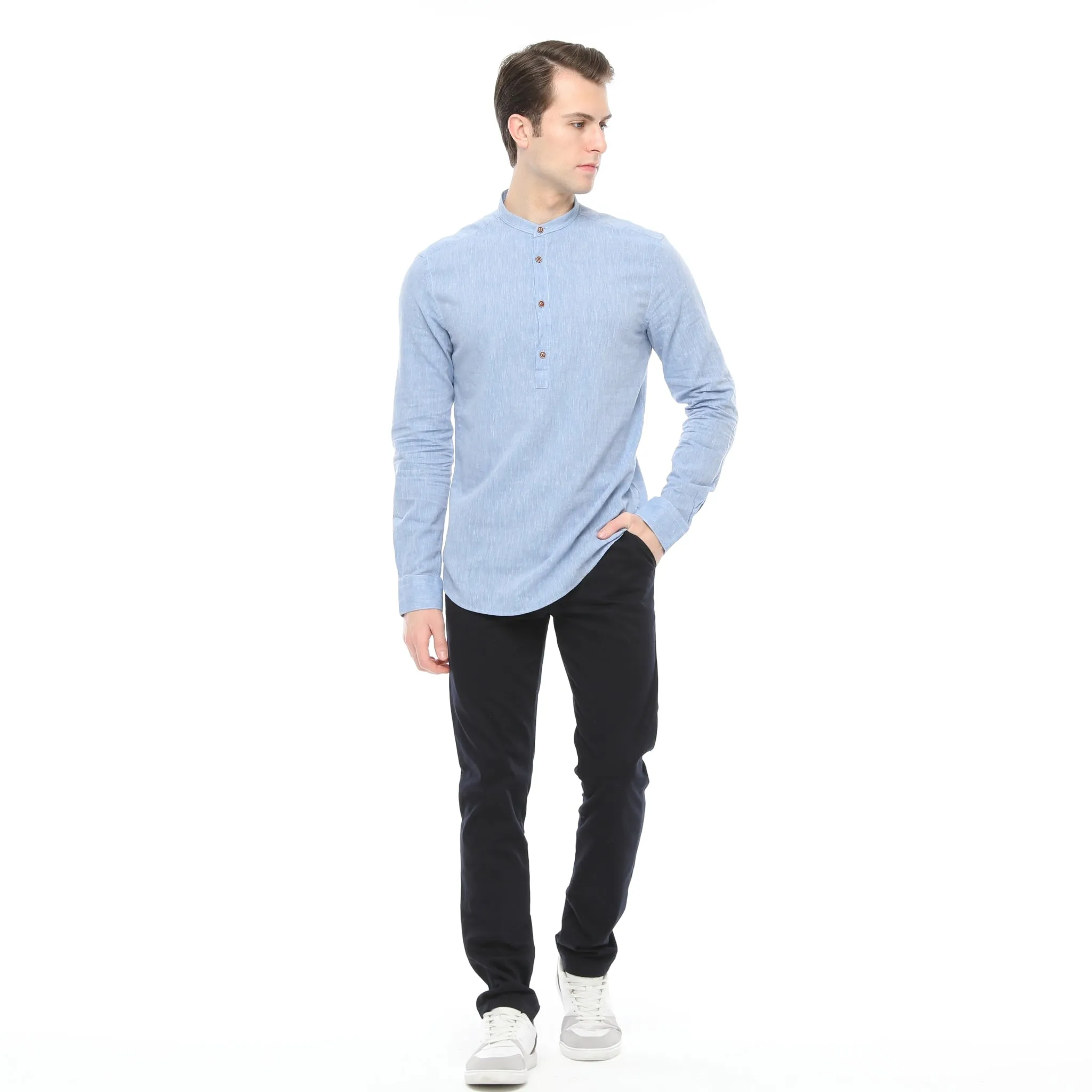 Xact Mens Cotton Linen Grandad Band Collar Tunic Shirt - Long Sleeved